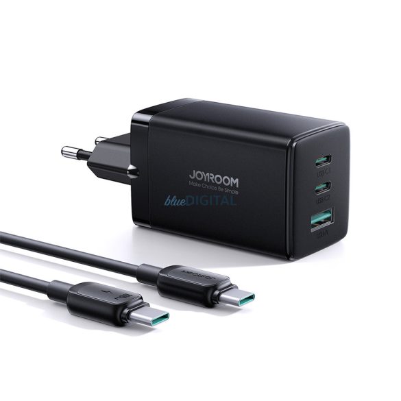 Joyroom gyorstöltő GaN 65W USB, 2x USB C fekete + USB C kábel - USB C 100W 1.2m (TCG01)