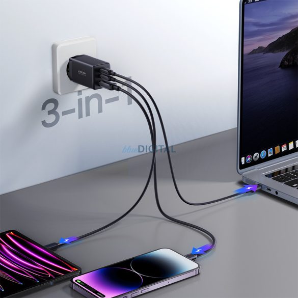 Joyroom gyorstöltő GaN 65W USB, 2x USB C fekete + USB C kábel - USB C 100W 1.2m (TCG01)