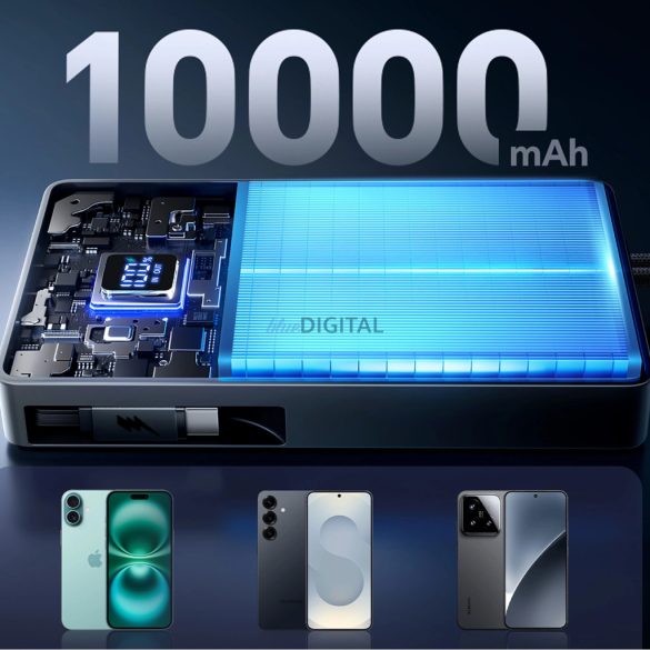 Joyroom JR-PR1 10000mAh 22.5W Powerbank beépített visszahúzható USB-C kábellel - Fekete