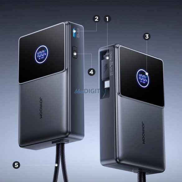 Joyroom JR-PR1 10000mAh 22.5W Powerbank beépített visszahúzható USB-C kábellel - Fekete