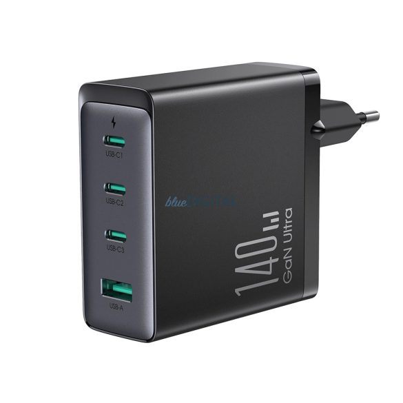 Joyroom JR-TCG05EU hálózati töltő 1xUSB-A és 3xUSB-C csatlakozással és Type-C - Type-C 1.2m kábellel GaN 140W - fekete