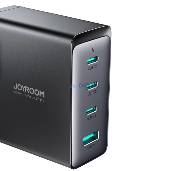 Joyroom JR-TCG05EU hálózati töltő 1xUSB-A és 3xUSB-C csatlakozással és Type-C - Type-C 1.2m kábellel GaN 140W - fekete