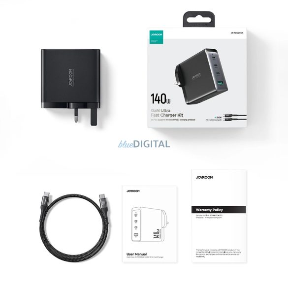 Joyroom JR-TCG05EU hálózati töltő 1xUSB-A és 3xUSB-C csatlakozással és Type-C - Type-C 1.2m kábellel GaN 140W - fekete