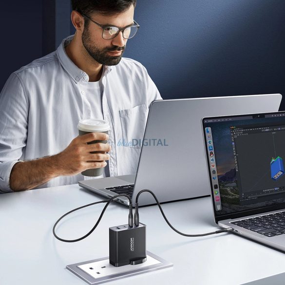 Joyroom JR-TCG05EU hálózati töltő 1xUSB-A és 3xUSB-C csatlakozással és Type-C - Type-C 1.2m kábellel GaN 140W - fekete