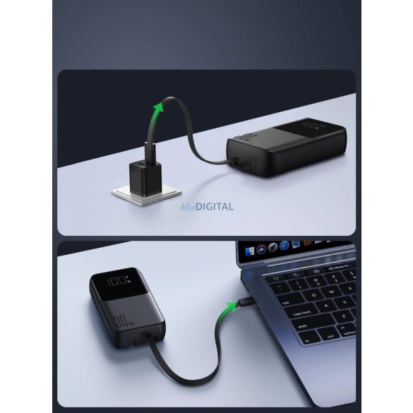 Joyroom powerbank 30W 10000mAh beépített Lightning és USB-C kábel fekete (JR-PBC06)