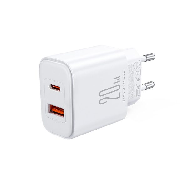 Joyroom JR-TCF05 20W USB-C / USB-A gyors kétportos fali töltő - fehér + USB-C - Lightning 1m