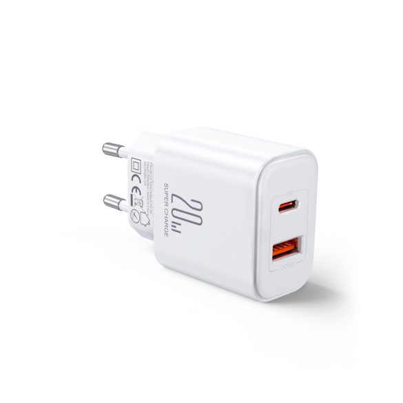 Joyroom JR-TCF05 20W USB-C / USB-A gyors kétportos fali töltő - fehér + USB-C - Lightning 1m