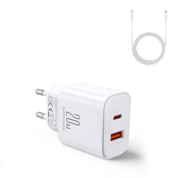 Joyroom JR-TCF05 20W USB-C / USB-A gyors kétportos fali töltő - fehér + USB-C - Lightning 1m