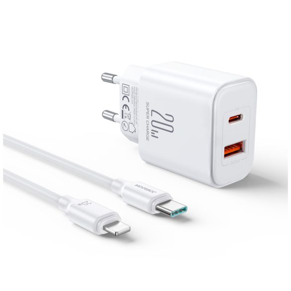 Joyroom JR-TCF05 20W USB-C / USB-A gyors kétportos fali töltő - fehér + USB-C - Lightning 1m