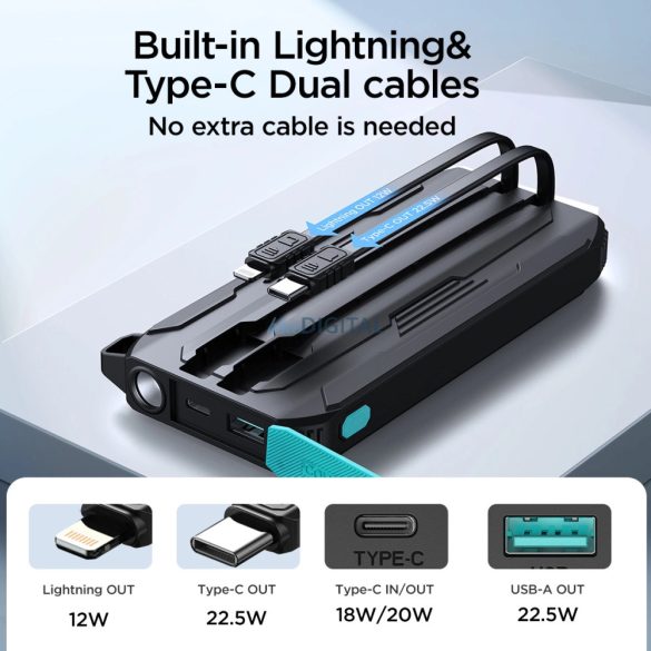 Joyroom JR-L017 Powerbank beépített USB-C / Lightning kábelekkel 22.5W 10000mAh - fekete
