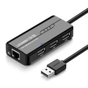 Ugreen 20264 RJ45 / USB-A 10/100Mbps HUB hálózati adapter 3x USB-A 2.0 - fekete