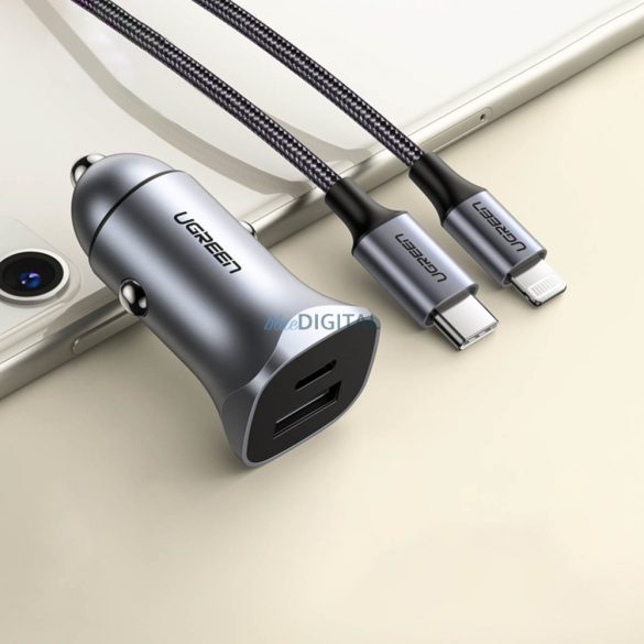 Ugreen gyors autós töltő USB-A / USB-C 18W szürke (CD130)