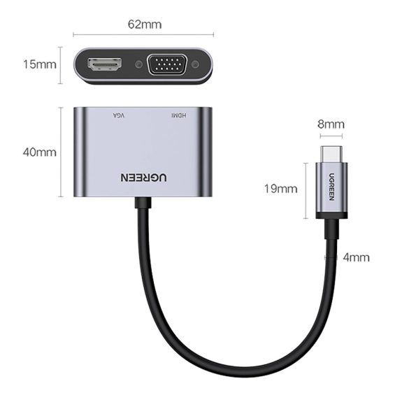 Ugreen CM162 dokkoló USB-C - HDMI / VGA / USB-A 3.0 / USB-C PD adapter - szürke