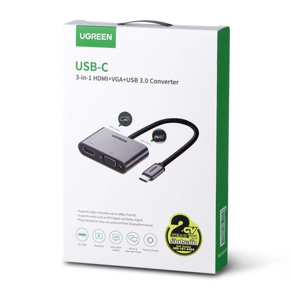 Ugreen CM162 dokkoló USB-C - HDMI / VGA / USB-A 3.0 / USB-C PD adapter - szürke