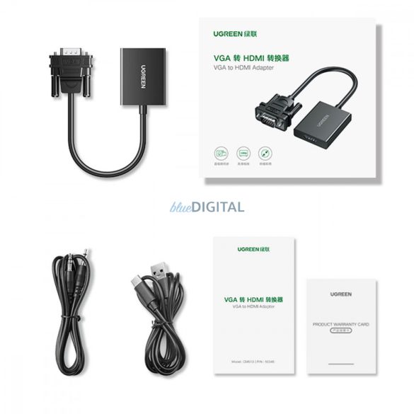 Ugreen adapter kábel VGA (férfi) - HDMI (női) 0.15m fekete (CM513)