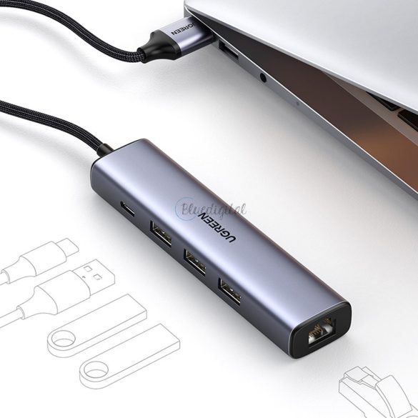Ugreen multifunkcionális adapter HUB USB 3.0 - 3 x USB / Ethernet RJ-45 / USB Type C PD szürke (CM475)