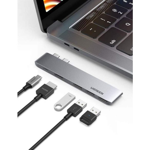 Ugreen Multifunkcionális HUB 2x USB Type-c - USB Type-c PD (Thunderbolt 3, 100W, 4K @ 60 Hz, 10 Gbps) / HDMI 4K @ 30 Hz / 3x USB 3.0 MacBook Pro / Air szürke (60559)