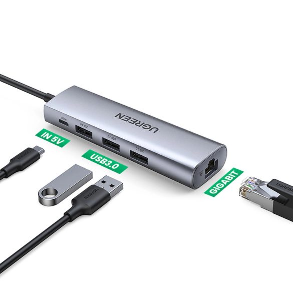 Ugreen CM266 5 az 1-ben dokkoló USB-A 3.0 - RJ45 / 3x USB-A 3.0 / micro USB adapter - szürke