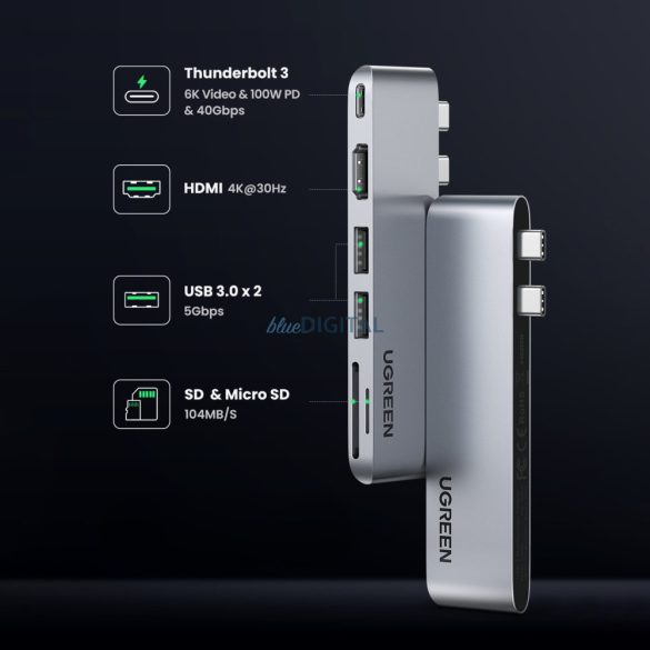 HUB Ugreen CM380 2xUSB C - HDMI/2xUSB 3.0/SD TF/USB C PD - szürke