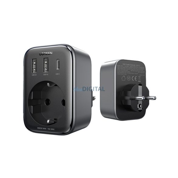 Fali töltő 30W (2xUSB/USB C/AC) / adapter EU - EU 13A Ugreen CD314 - fekete