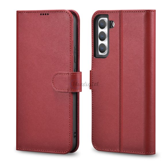 iCarer Haitang Leather Wallet tok Samsung Galaxy S22 + (S22 Plus) valódi bőr borítás piros (AKSM05RD)