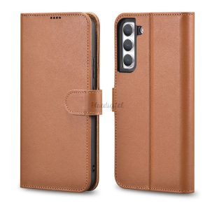 iCarer Haitang Leather Wallet tok Samsung Galaxy S22 + (S22 Plus) valódi bőr borítású barna (AKSM05BN)