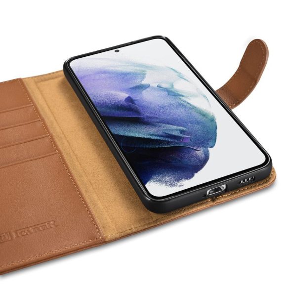 iCarer Haitang Leather Wallet tok Samsung Galaxy S22 + (S22 Plus) valódi bőr borítású barna (AKSM05BN)