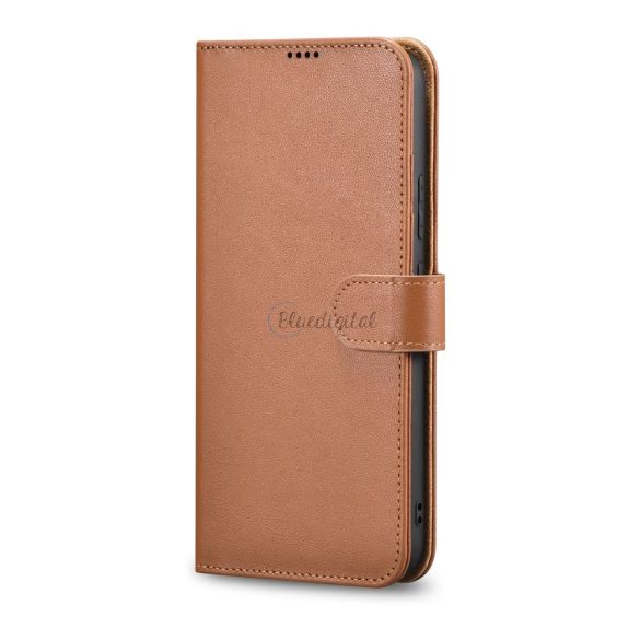 iCarer Haitang Leather Wallet tok Samsung Galaxy S22 + (S22 Plus) valódi bőr borítású barna (AKSM05BN)