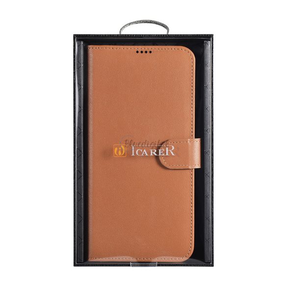 iCarer Haitang Leather Wallet tok Samsung Galaxy S22 + (S22 Plus) valódi bőr borítású barna (AKSM05BN)
