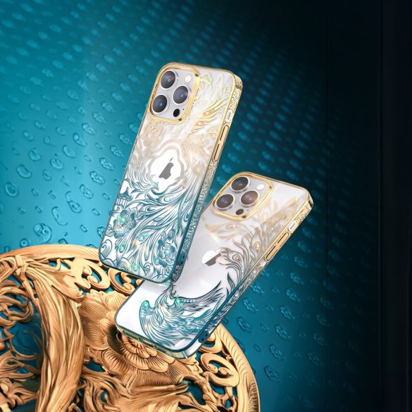 Luxus iPhone 14 tok Kingxbar Phoenix kristályokkal - Arany és kék