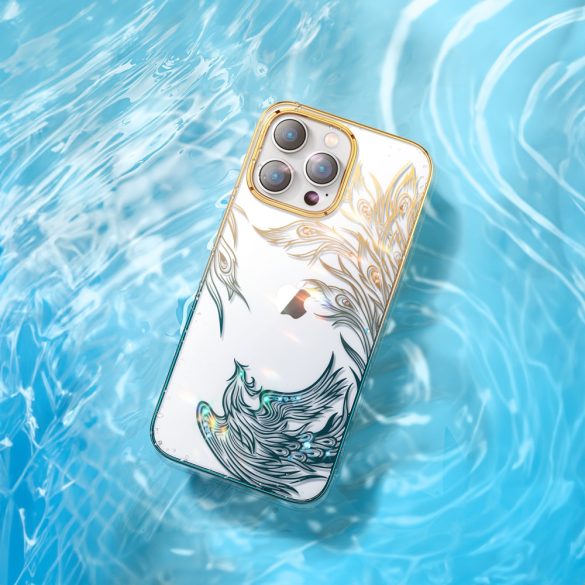 Luxus iPhone 14 Pro tok Kingxbar Phoenix kristályokkal - Arany és kék