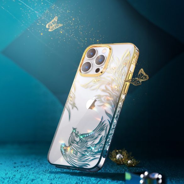 Luxus iPhone 14 Pro tok Kingxbar Phoenix kristályokkal - Arany és kék