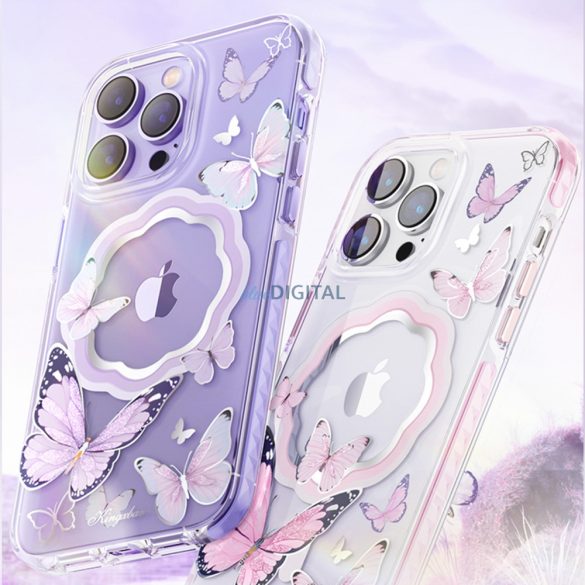 Kingxbar Butterfly sorozat mágneses tok iPhone 14 MagSafe rózsaszín pillangókkal díszített nyomtatással
