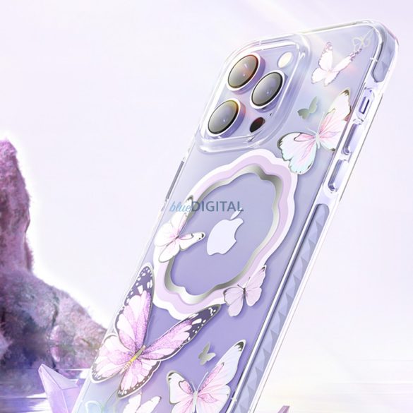 Kingxbar Butterfly sorozat mágneses tok iPhone 14 Plus MagSafe rózsaszín pillangókkal díszített nyomtatásban