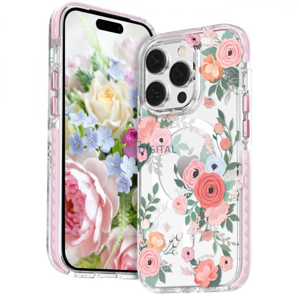 Kingxbar Flora Series mágneses tok iPhone 14 Plus MagSafe díszített rózsás virágok minta