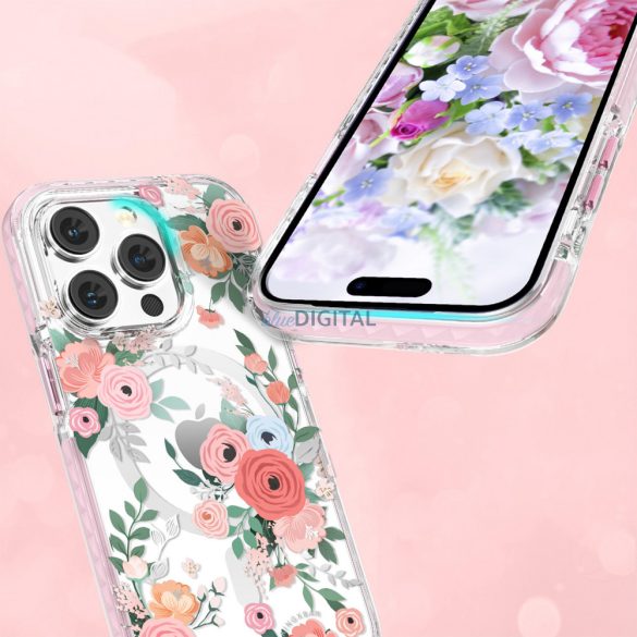 Kingxbar Flora Series mágneses tok iPhone 14 Plus MagSafe díszített rózsás virágok minta