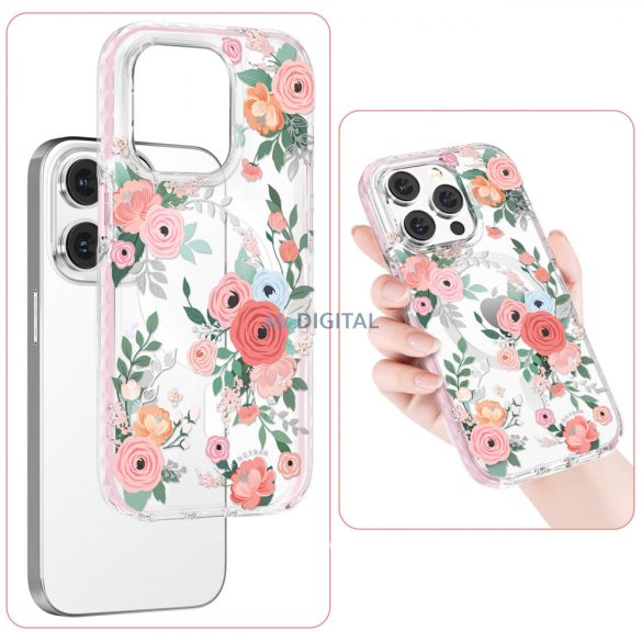 Kingxbar Flora Series mágneses tok iPhone 14 Plus MagSafe díszített rózsás virágok minta