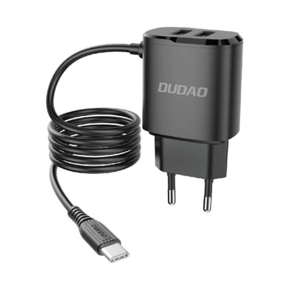 Dudao 2x USB fali töltő beépített USB-C kábel fekete (A2ProT fekete)