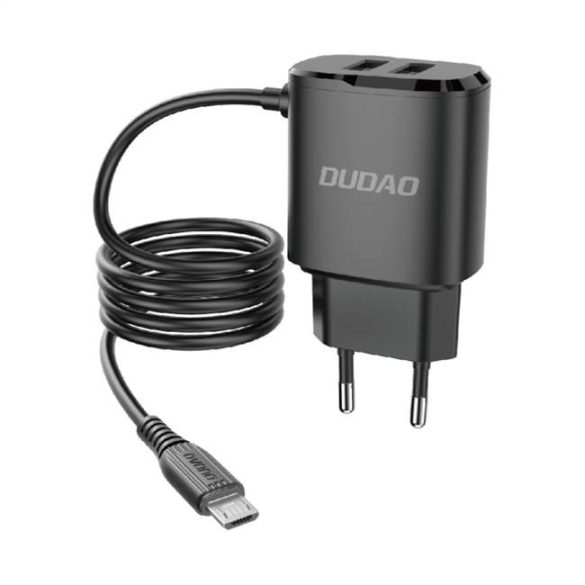 Dudao 2x USB fali töltő beépített micro USB-kábel fekete (A2ProM fekete)