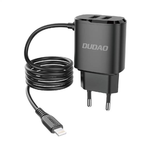 Dudao 2x USB fali töltő beépített Lightning kábel fekete (A2ProL fekete)