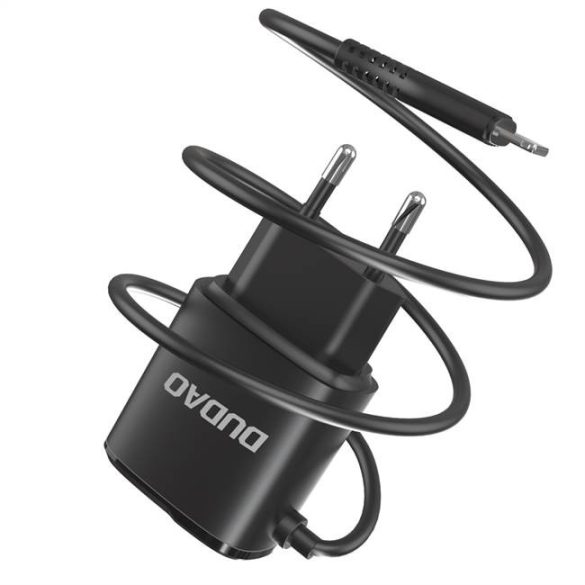 Dudao 2x USB fali töltő beépített Lightning kábel fekete (A2ProL fekete)