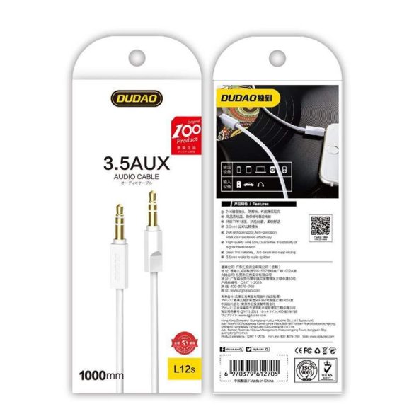 Dudao AUX mini jack 3,5 mm-es kábel 2m 3 pólusú sztereo fehér (L12S fehér)