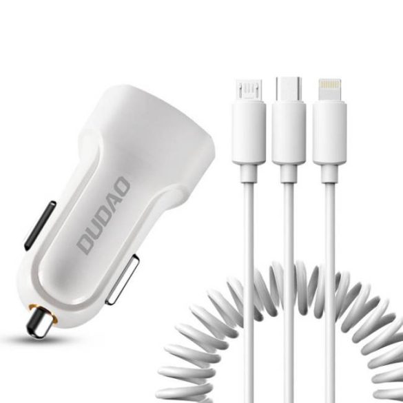 Dudao autós szett 2x USB 2.4a töltő + 3in1 Lightning / Type-C USB-C / micro USB kábel fehér (R7 fehér)