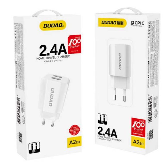 Dudao 2x USB Home Travel EU adapter fali töltő 5V / 2.4a fehér (A2EU fehér)