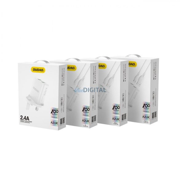 Dudao fali töltő UK csatlakozó (Egyesült Királyság) 2xUSB-A 2.4A fehér + USB-A kábel - USB-C fehér