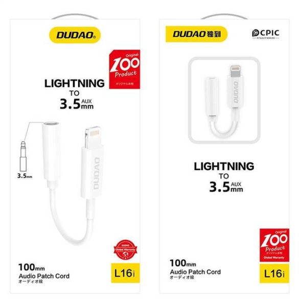 Dudao telefontokter adapter Lightning a fejhallgató-csatlakozóhoz 3,5 mm (anyastény) fehér (L16I fehér)