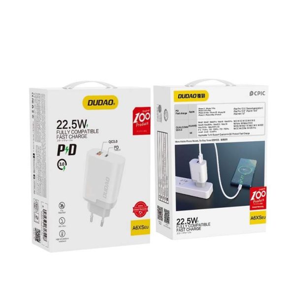 Dudao fali töltő adapter EU USB / USB type-c power-delivery Quick Charge 3.0 3A 22,5W fehér (A6xsEU fehér)