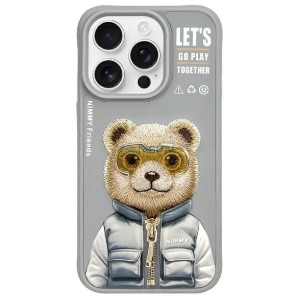 Nimmy Cool&Cute 2.0 medve mintás tok iPhone 15 Pro – szürke