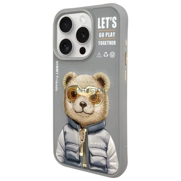 Nimmy Cool&Cute 2.0 medve mintás tok iPhone 15 Pro – szürke