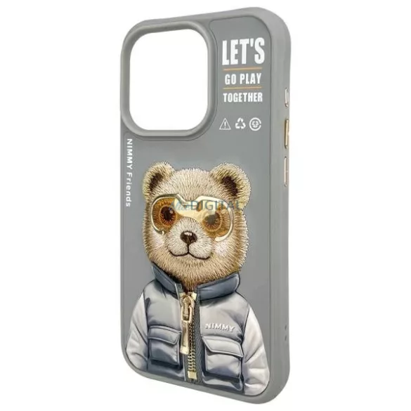 Nimmy Cool&Cute 2.0 medve mintás tok iPhone 15 Pro – szürke
